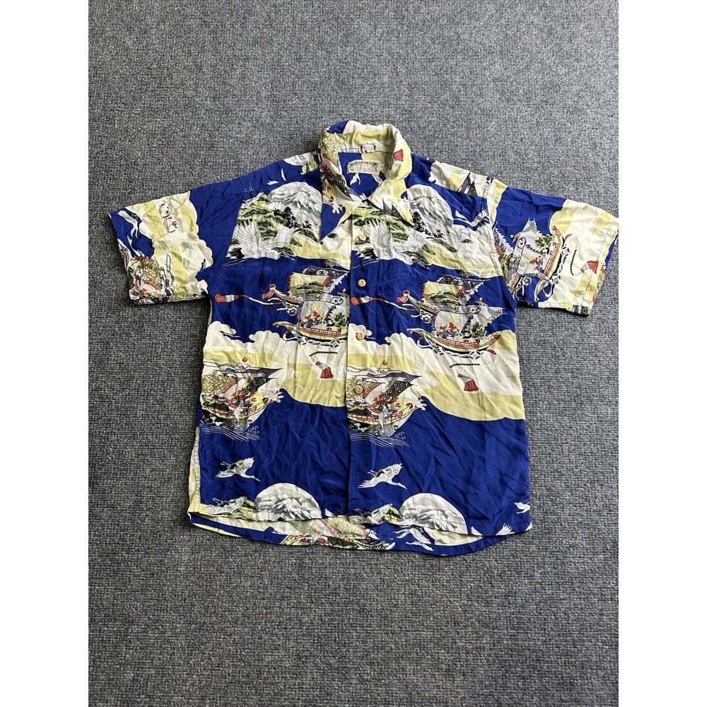 Mens Crawlers 100% Silk Japanese Pattern Hawaiian Shirt Blue, Size L